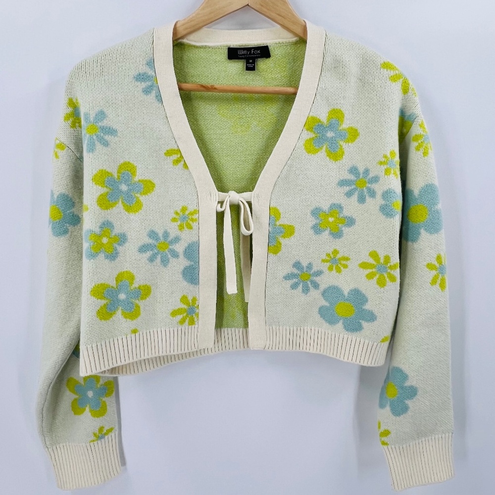 Witty Fox Floral Crop Tie Front Cardi Sweater M Indie Easter Festival Boho 60s